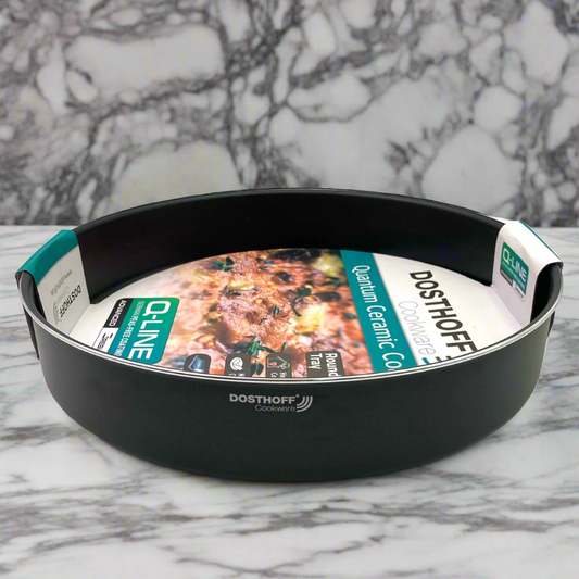 Black ceramic baking dish with Dosthoff branding on a marble surface
