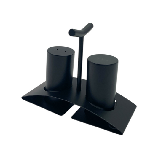 Mat Black Stainless Steel Salt and Pepper Set on Stand