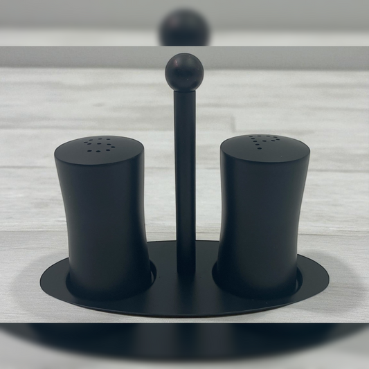 Mat Black Stainless Steel Salt and Pepper Set on Stand