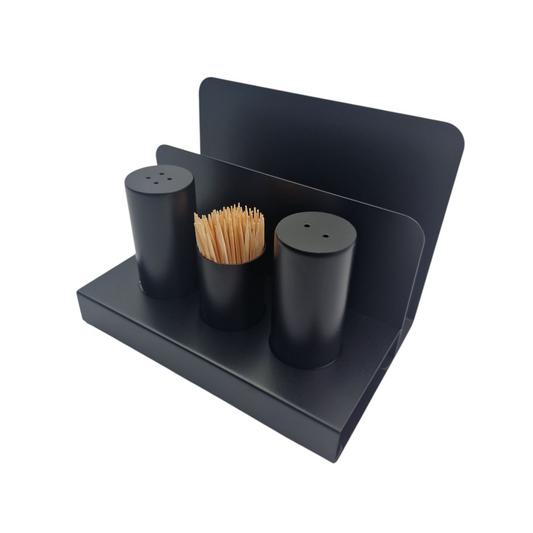 Black Salt and Pepper and Toothpicks Set with Tissue Stand