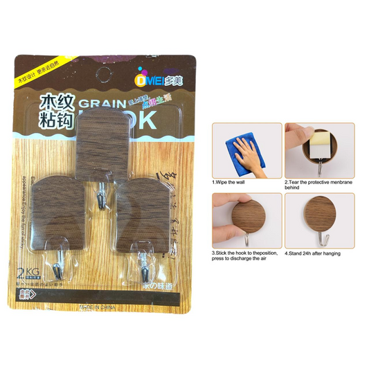 Wood Grain Oval Self Adhesive Hooks X3