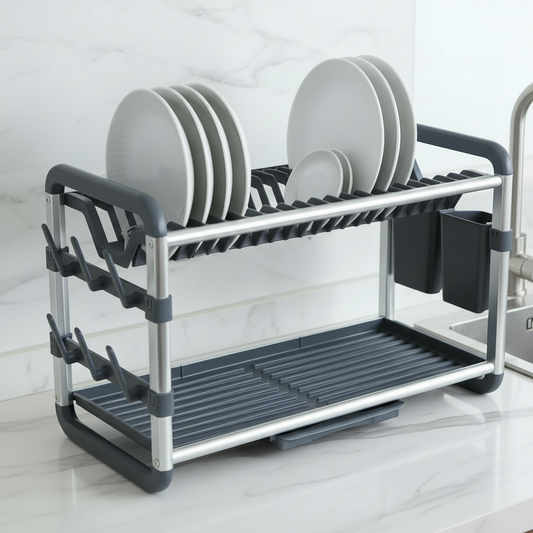 2 Tiers Aluminum Dish Rack with Removable Plastic Tray