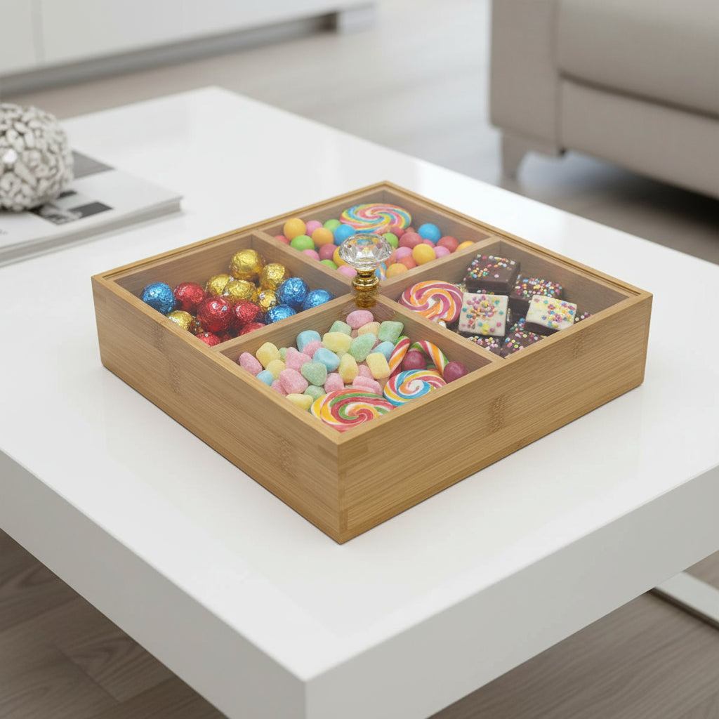 Covered Bamboo Square Condiment Tray with 4 Compartments