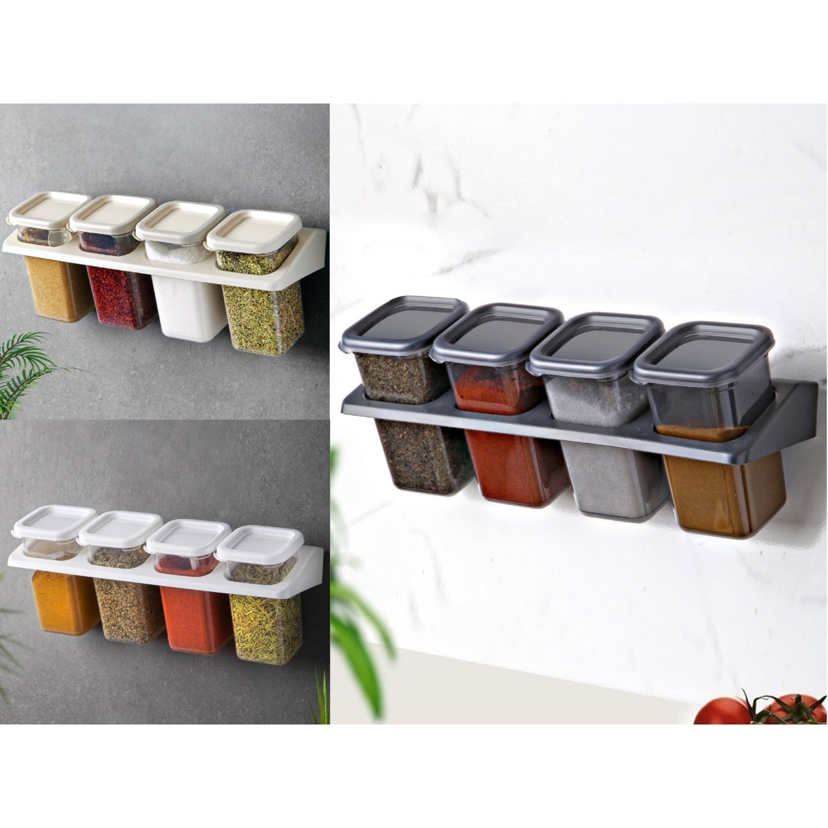 Wall mounted 4 Jars Spice Set with Adhesive Hooks
