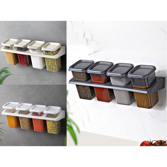 Wall mounted 4 Jars Spice Set with Adhesive Hooks
