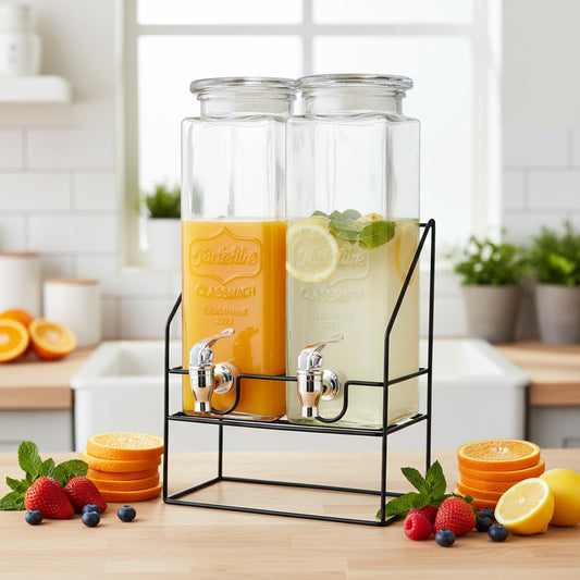 Glass beverage dispenser 2X2.2 L with tap & metallic Stand
