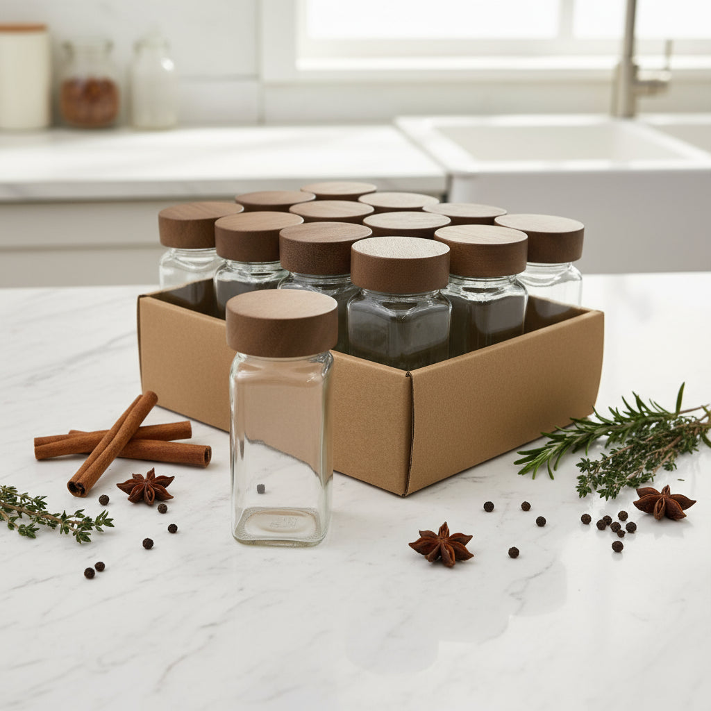 Set of 12 Glass Spice Jars with Acacia Wood Cover