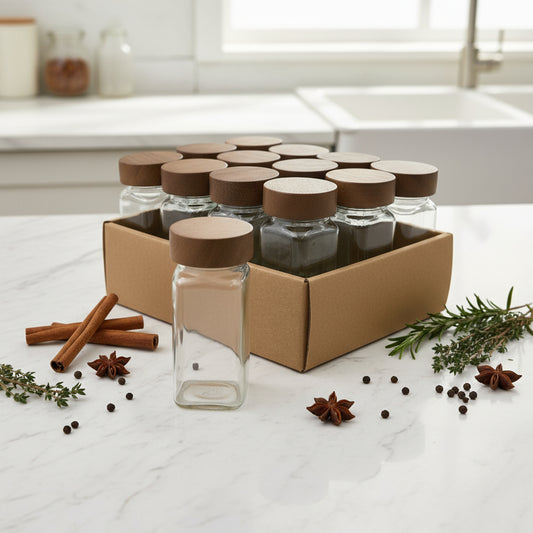 Set of 12 Glass Spice Jars with Acacia Wood Cover
