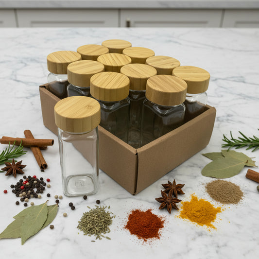 Set of 12 Glass Spice Jars with Bamboo Cover
