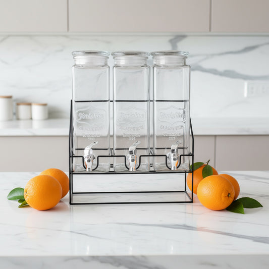 Glass beverage dispenser 3X2.2 L w tap & metallic Stand