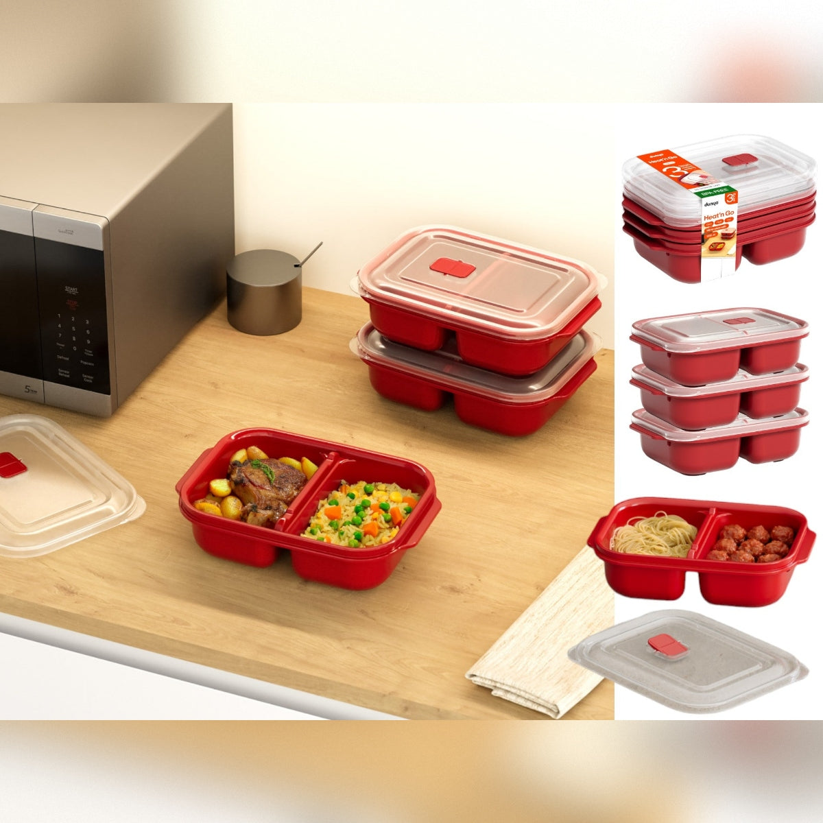 3 Pieces Set Heat'n Go Divided Food Containers 1200 ml