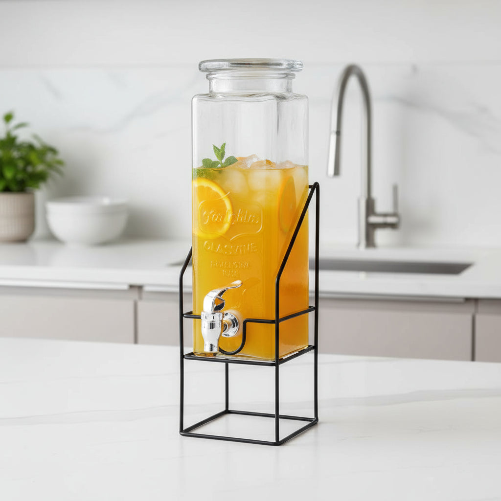 Glass beverage dispenser 2.2 L with tap and metallic stand