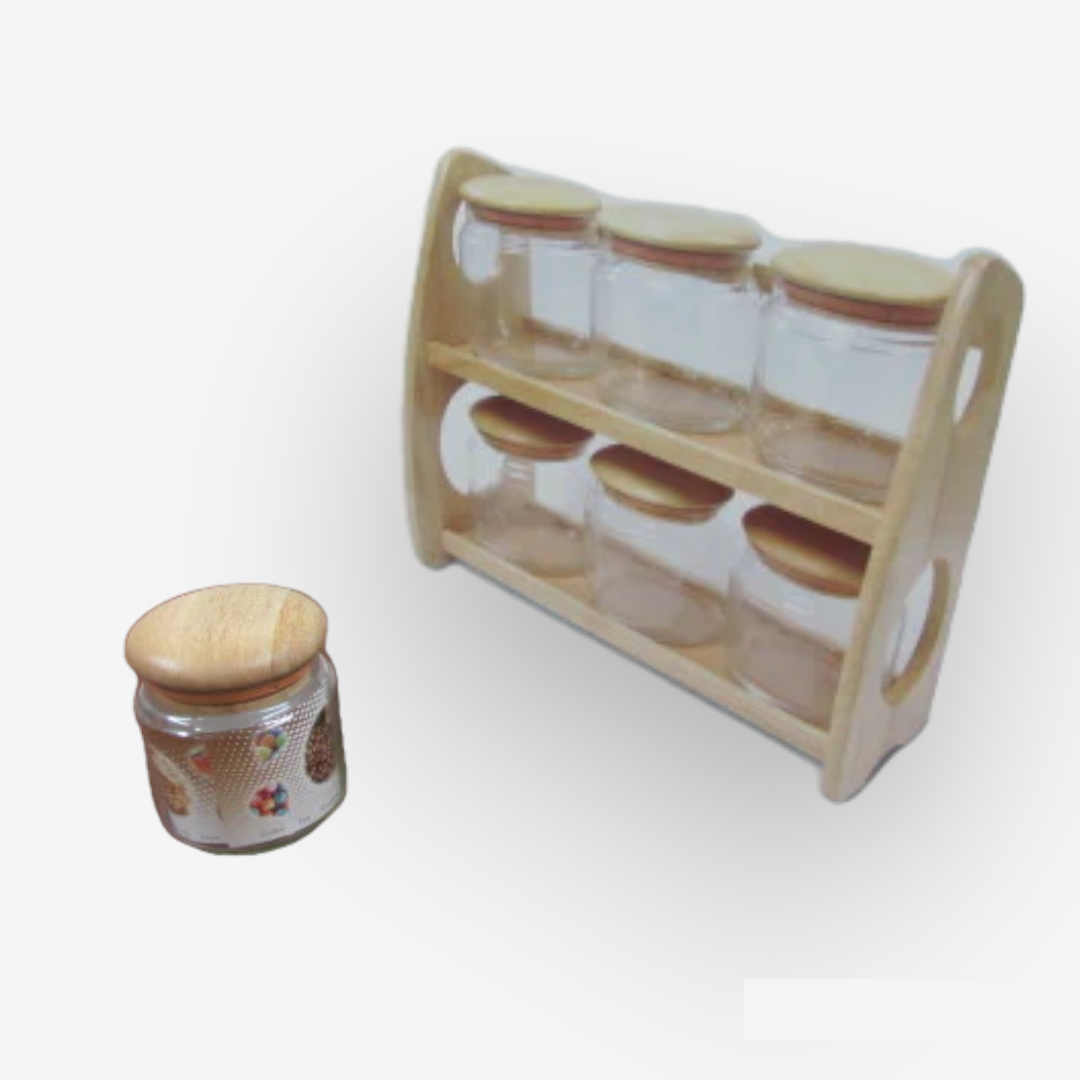 6 Spice Jars with wooden cover-2 Tiers - Lunaz Shop