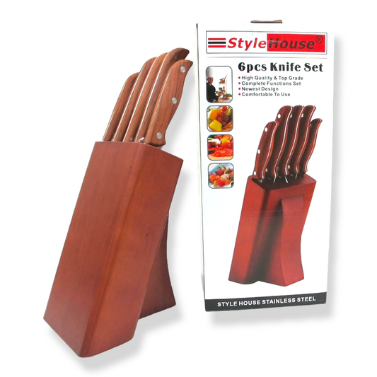 5 Pieces Knife Set S.S Wooden Base - Lunaz Shop