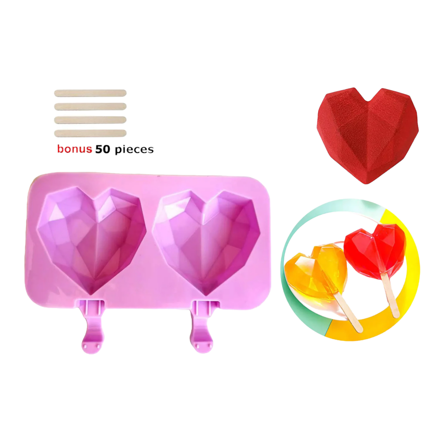 Silicone popsicle 3D Heart with sticks - Lunaz Shop