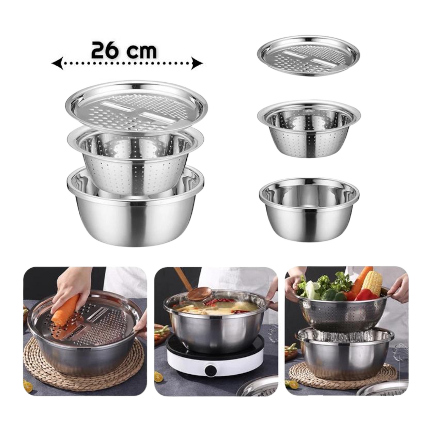 3 Pieces Stainless Steel-Grater with Strainer and Bowl - Lunaz Shop